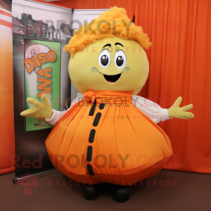 Orange Pesto Pasta mascot costume character dressed with a Ball Gown and Messenger bags