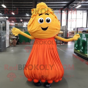 Orange Pesto Pasta mascot costume character dressed with a Ball Gown and Messenger bags