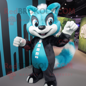 Cyan Skunk mascot costume character dressed with a Bodysuit and Brooches