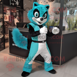 Cyan Skunk mascot costume character dressed with a Bodysuit and Brooches