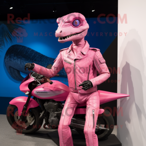 Pink Coelophysis mascot costume character dressed with a Moto Jacket and Watches