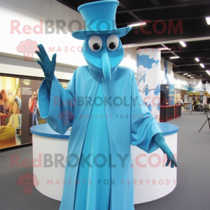 Sky Blue Stilt Walker mascot costume character dressed with a Cover-up and Hats