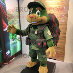 Forest Green Marine Recon mascot costume character dressed with a Vest and Backpacks