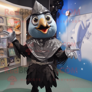 Silver Blackbird mascot costume character dressed with a Blouse and Lapel pins