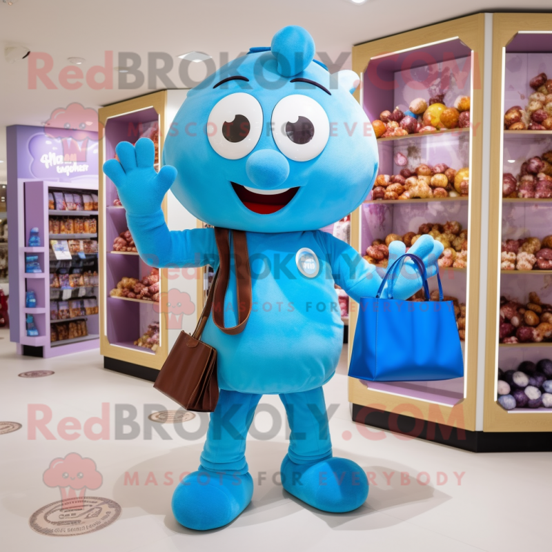 Sky Blue Chocolates mascot costume character dressed with a Playsuit and Tote bags