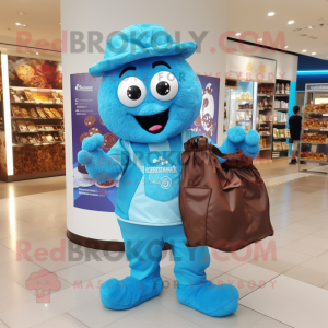 Sky Blue Chocolates mascot costume character dressed with a Playsuit and Tote bags