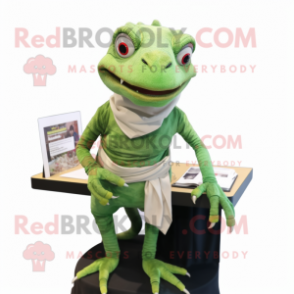 Green Lizard mascot costume character dressed with a Pencil Skirt and Wraps