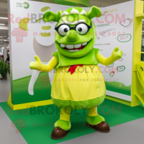 Lime Green Beef Stroganoff mascot costume character dressed with a A-Line Skirt and Eyeglasses