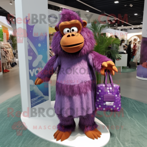 Purple Orangutan mascot costume character dressed with a Maxi Dress and Handbags