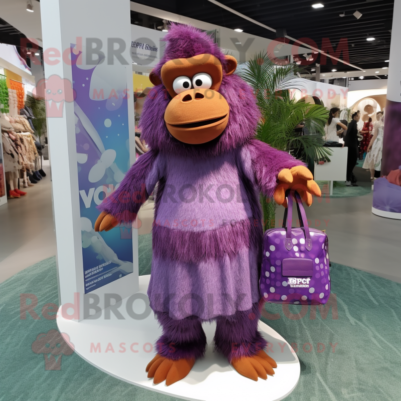 Purple Orangutan mascot costume character dressed with a Maxi Dress and Handbags