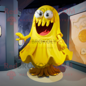Yellow Kraken mascot costume character dressed with a A-Line Skirt and Cufflinks