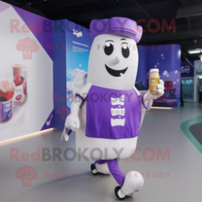 Purple Bottle Of Milk mascot costume character dressed with a Joggers and Scarf clips