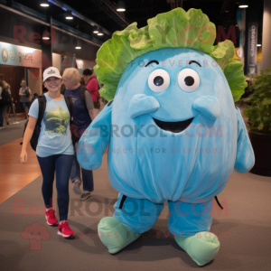 Sky Blue Corned Beef And Cabbage mascot costume character dressed with a Jeggings and Backpacks