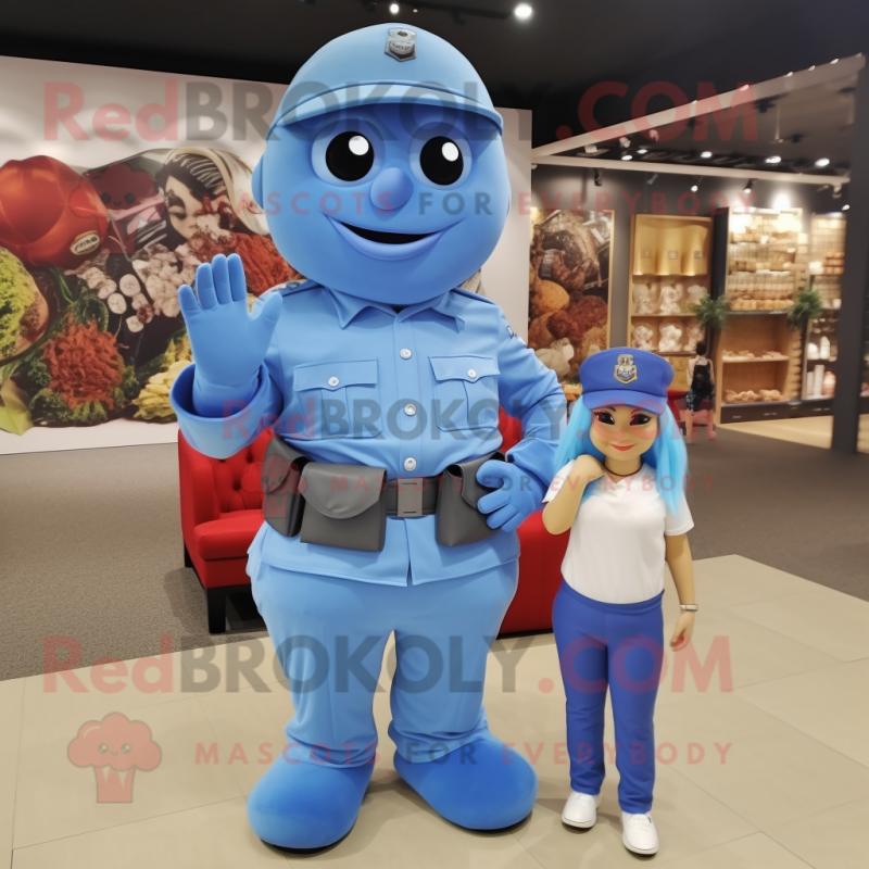 Blue Army Soldier mascot costume character dressed with a Mom Jeans and Bracelet watches