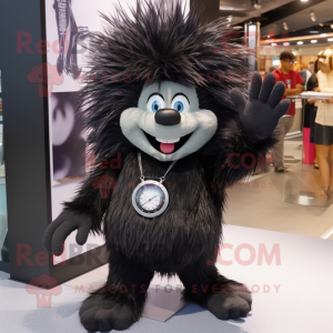 Black Porcupine mascot costume character dressed with a Boyfriend Jeans and Bracelet watches