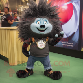 Black Porcupine mascot costume character dressed with a Boyfriend Jeans and Bracelet watches