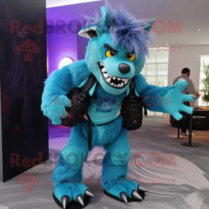 Cyan Werewolf mascot costume character dressed with a Playsuit and Backpacks