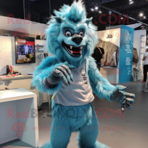 Cyan Werewolf mascot costume character dressed with a Playsuit and Backpacks