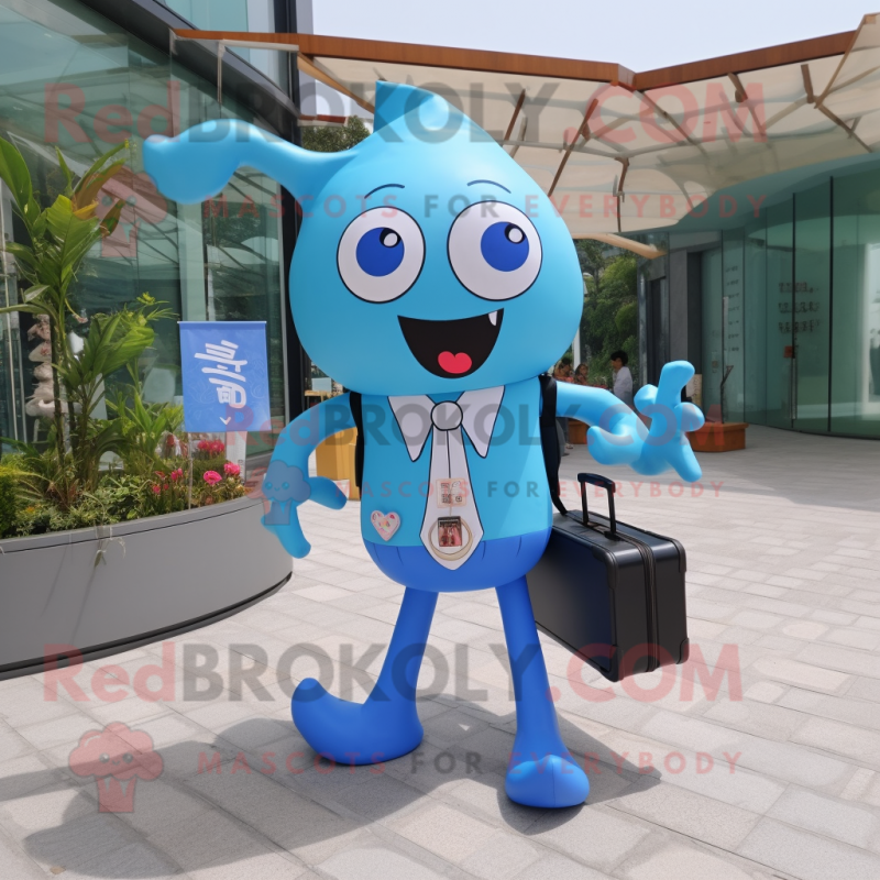 Sky Blue Squid mascot costume character dressed with a Shorts and Briefcases
