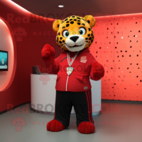 Red Jaguar mascot costume character dressed with a Jacket and Necklaces