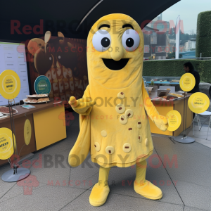 Yellow Falafel mascot costume character dressed with a Playsuit and Coin purses