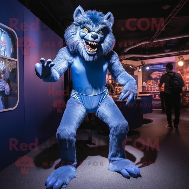 Blue Werewolf mascot costume character dressed with a Bodysuit and Shoe clips