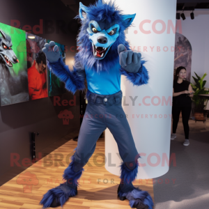 Blue Werewolf mascot costume character dressed with a Bodysuit and Shoe clips