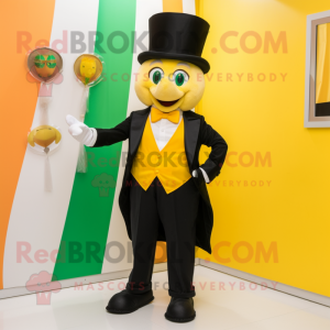 Yellow Irish Flag mascot costume character dressed with a Tuxedo and Pocket squares
