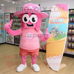 Pink Fried Rice mascot costume character dressed with a Board Shorts and Hats