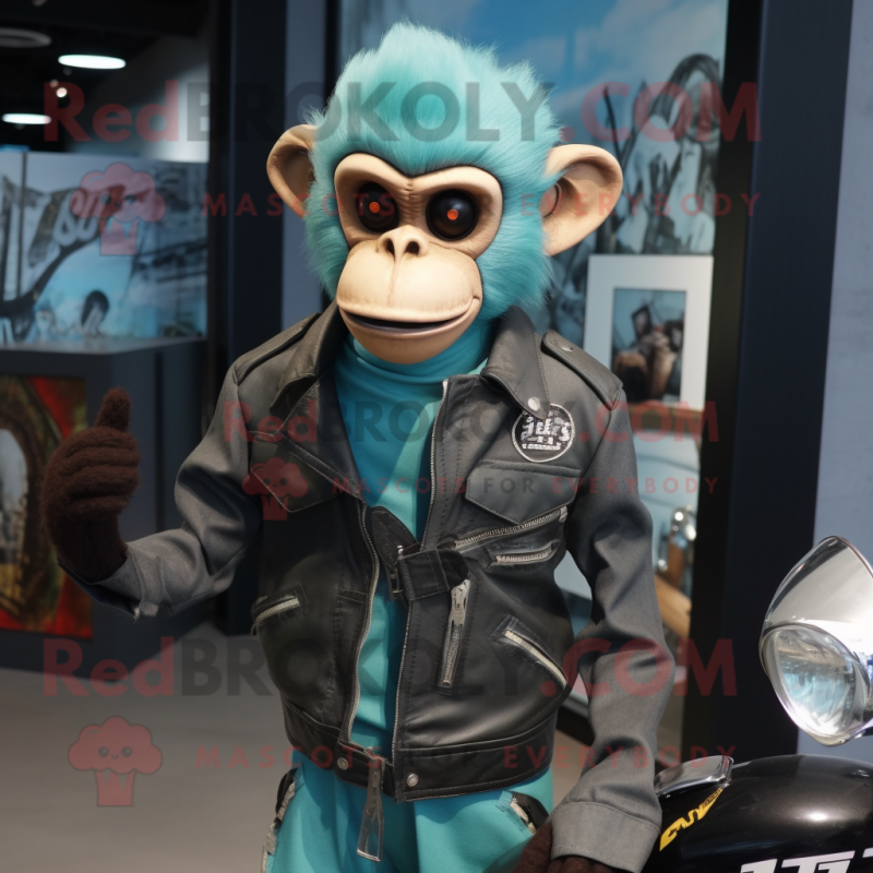 Teal Capuchin Monkey mascot costume character dressed with a Biker Jacket  and Shawl pins