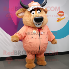 Peach Buffalo mascot costume character dressed with a Windbreaker and Scarf clips