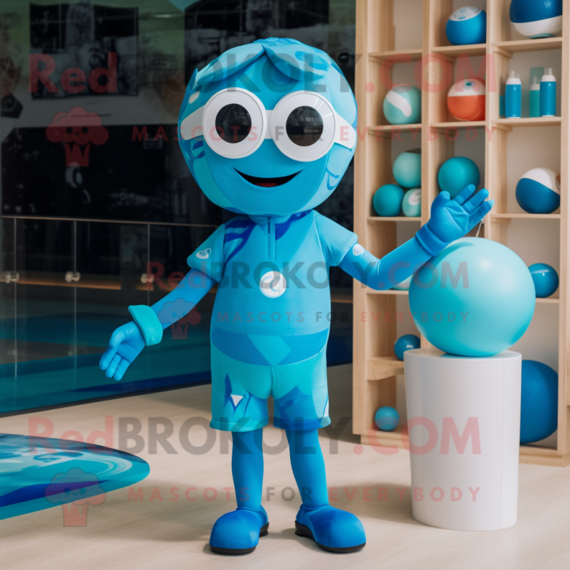 Cyan Juggle mascot costume character dressed with a Swimwear and Watches