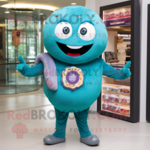 Teal Bagels mascot costume character dressed with a Jacket and Keychains