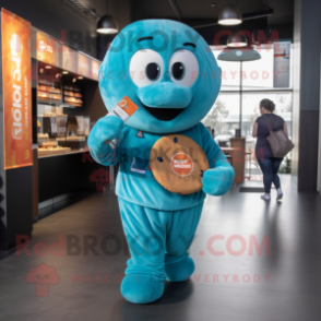 Teal Bagels mascot costume character dressed with a Jacket and Keychains