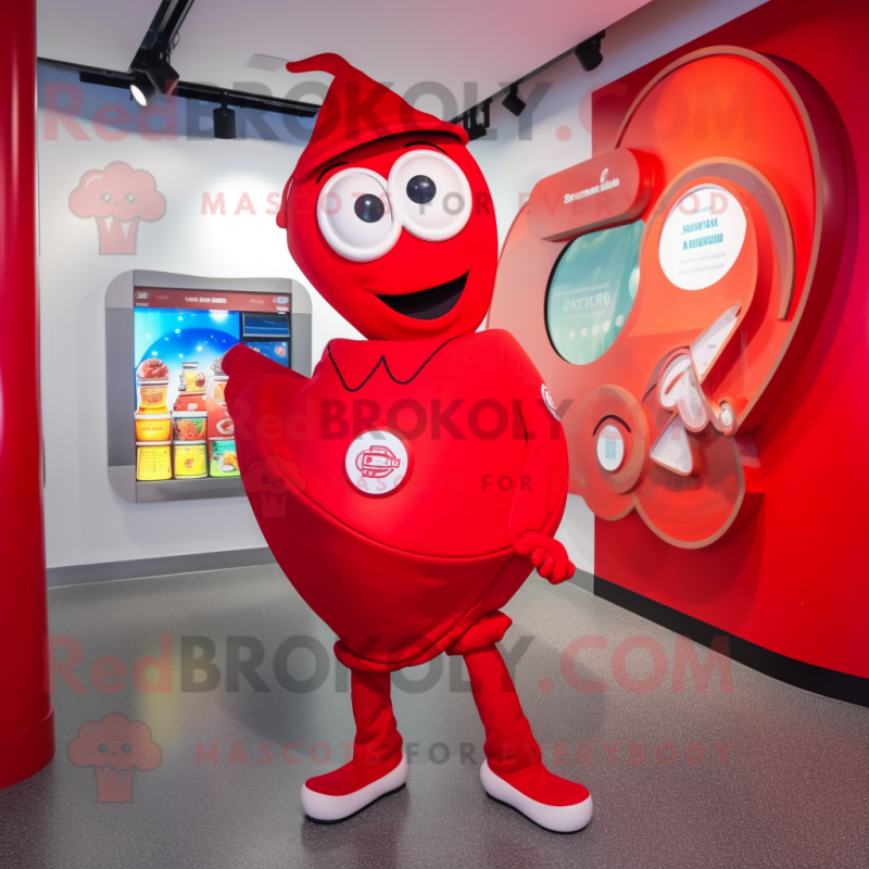 Red Plate Spinner mascot costume character dressed with a Playsuit and Messenger bags