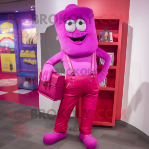 Magenta Candy Box mascot costume character dressed with a Mom Jeans and Wallets