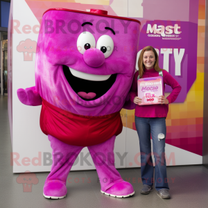 Magenta Candy Box mascot costume character dressed with a Mom Jeans and Wallets