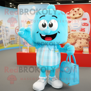 Sky Blue Candy Box mascot costume character dressed with a Henley Tee and Handbags