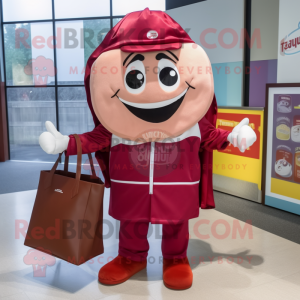 Maroon Candy Box mascot costume character dressed with a Windbreaker and Tote bags