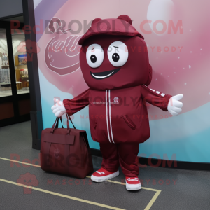 Maroon Candy Box mascot costume character dressed with a Windbreaker and Tote bags