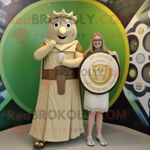 Tan Celtic Shield mascot costume character dressed with a Empire Waist Dress and Keychains