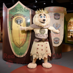 Tan Celtic Shield mascot costume character dressed with a Empire Waist Dress and Keychains