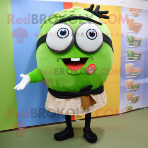 Olive Sushi mascot costume character dressed with a Skirt and Eyeglasses