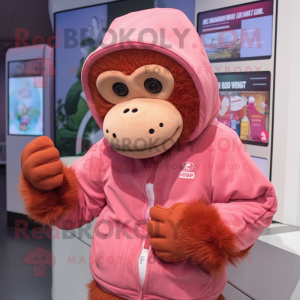 Pink Orangutan mascot costume character dressed with a Hoodie and Berets