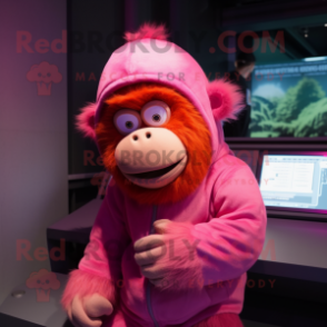 Pink Orangutan mascot costume character dressed with a Hoodie and Berets