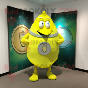 Lemon Yellow Celtic Shield mascot costume character dressed with a Tank Top and Cufflinks