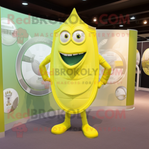 Lemon Yellow Celtic Shield mascot costume character dressed with a Tank Top and Cufflinks