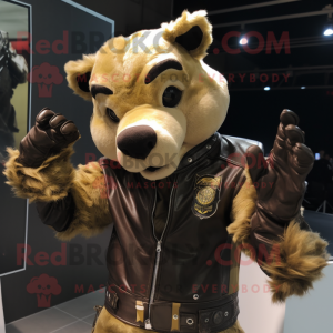 Gold Wild Boar mascot costume character dressed with a Moto Jacket and Gloves