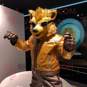 Gold Wild Boar mascot costume character dressed with a Moto Jacket and Gloves