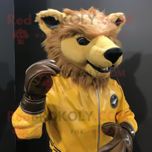 Gold Wild Boar mascot costume character dressed with a Moto Jacket and Gloves